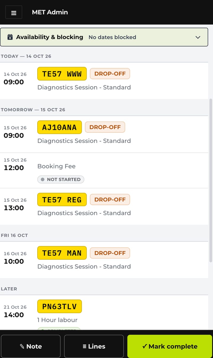 The admin console on a phone: upcoming bookings by day with registrations and services, and Note, Lines and Mark complete buttons
