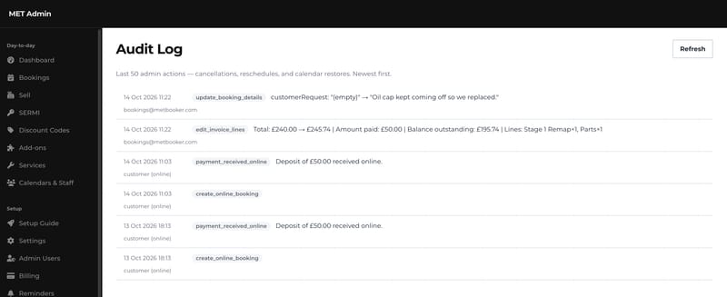 The audit log: booking detail and invoice line edits by a staff account, and online bookings and deposits by the customer, each with the time