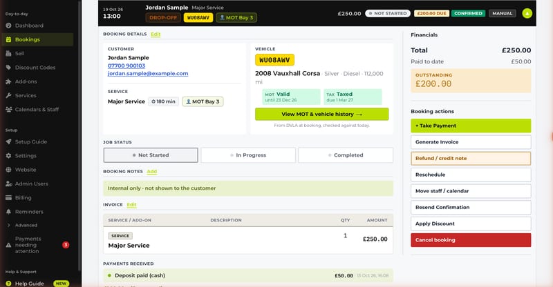 A METBooker booking record: customer details, the vehicle with its DVLA MOT and tax status, job status, the invoice line, a £50 cash deposit received and £200 still outstanding, and the booking actions