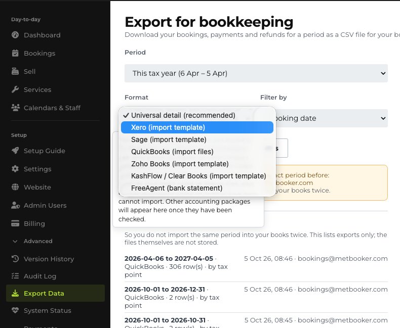 The Export for bookkeeping screen with the format list open: Universal, Xero, Sage, QuickBooks, Zoho Books, KashFlow and FreeAgent