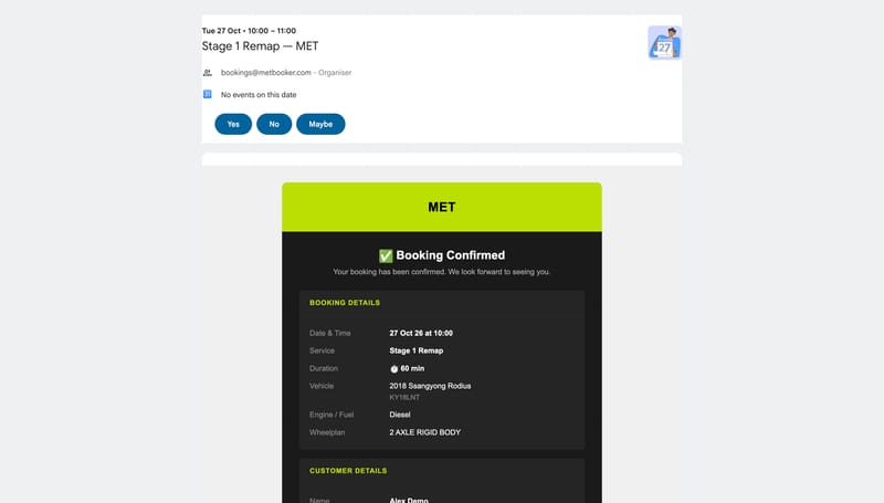 A booking confirmation email with the calendar invitation above it: Stage 1 Remap, the date and time, vehicle and booking details