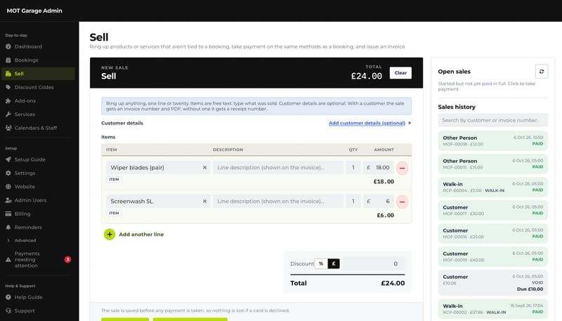 The Sell screen: a counter sale of wiper blades and screenwash for £24, beside open sales and the sales history
