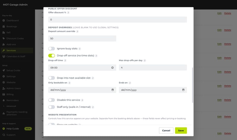 A service set as a drop-off service with a 09:00 drop-off time and a maximum of 4 drop-offs per day, with its deposit override and booking-window settings