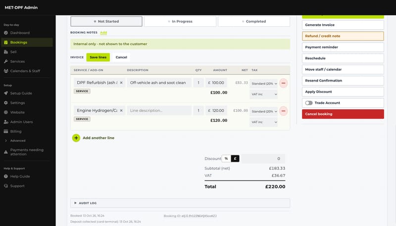 Editing a booking’s invoice lines: a line description added and a second service added, with the new subtotal, VAT and total