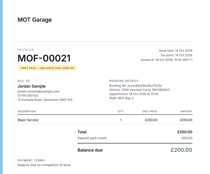 An invoice PDF for a demo customer: invoice MOF-00021, part paid, a Major Service at £250, the cash deposit taken off and £200 balance due
