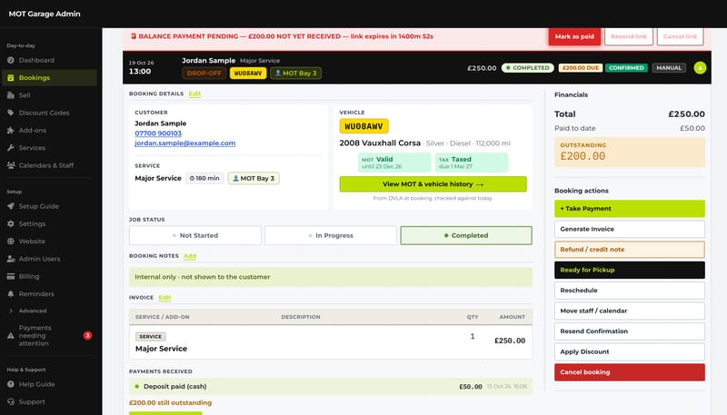 A booking marked Completed, with the Ready for Pickup action available to tell the customer