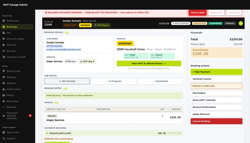 A booking record with the vehicle’s MOT and tax status, the deposit paid in cash, £200 outstanding and a pending balance link at the top