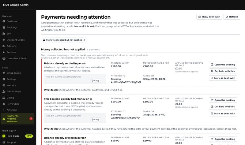 The Payments needing attention screen: payments collected but deliberately not applied, each with what happened, the amounts, the booking it belongs to and what to do next