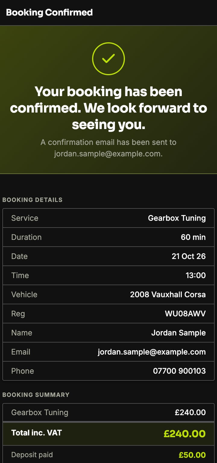 A booking confirmation on a phone: confirmation sent to the customer’s email, the service, date, time, vehicle and registration, the total of £240 including VAT and a £50 deposit paid