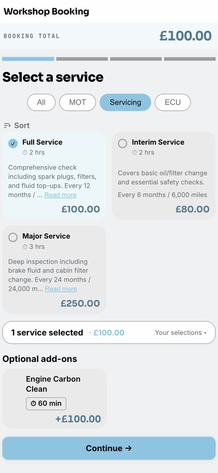 A garage’s booking page on a phone: servicing options with durations and prices, Full Service chosen, the running total and an optional Engine Carbon Clean add-on