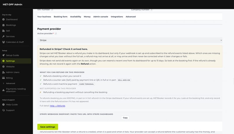 The payment provider setting with Stripe chosen, a list of what can and cannot be refunded on it, and the webhook endpoint step
