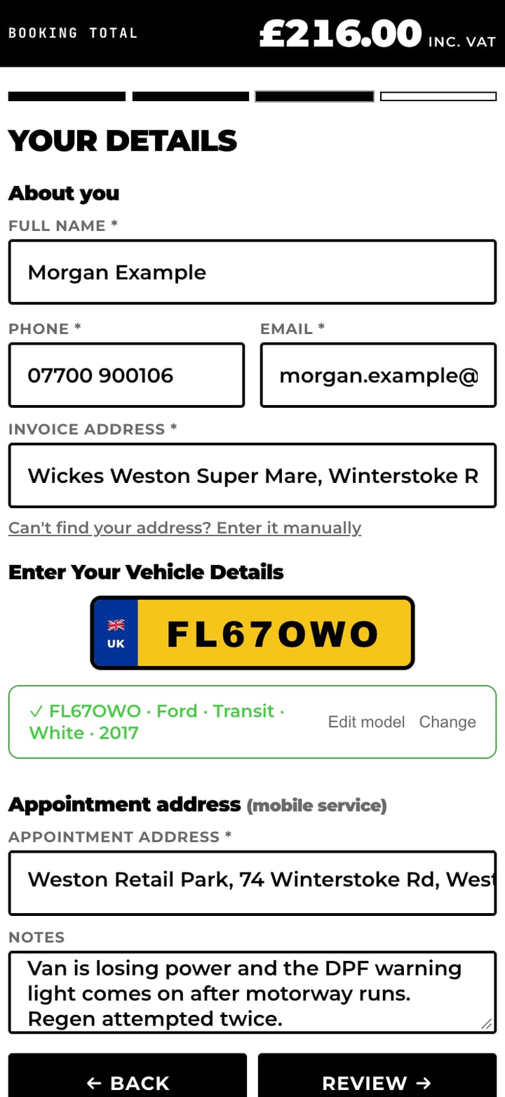 A booking request on a phone, with the vehicle and the job details for the business to review