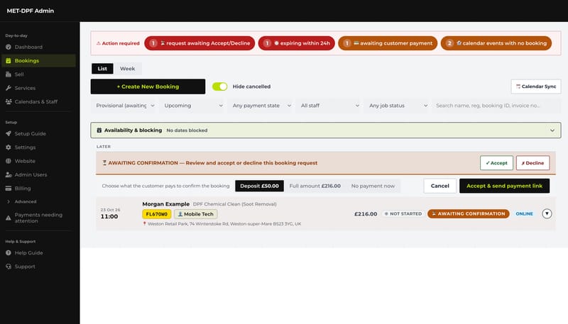 A booking request awaiting confirmation, with Accept and Decline and a choice of deposit, full amount or no payment now