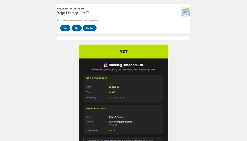 A booking rescheduled email with the updated calendar invitation: the new date and time and the previous one