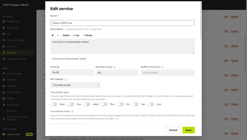 The METBooker service editor for a Class 4 MOT: name, description, price, duration, buffer time, VAT liability and the days the service cannot be booked