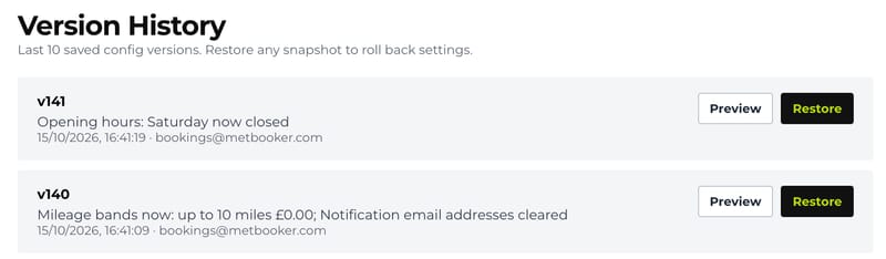 Version History: two saved settings versions with plain-English change notes, the time, the account that saved each, and Preview and Restore buttons