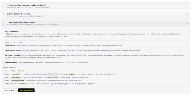 The tailored setup checklist with item 3, Contact details and notifications, expanded to show Why this matters, Impact of your choice, a numbered What to configure list, and the Go to setting and Mark as complete buttons