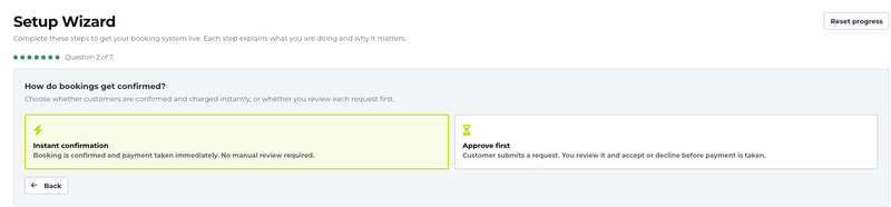 Setup Wizard question 2 of 7, How do bookings get confirmed?, with the choices instant confirmation or approve first