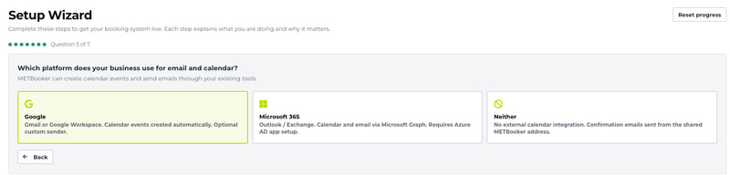 Setup Wizard question 5 of 7, Which platform does your business use for email and calendar?, with the choices Google, Microsoft 365 or neither