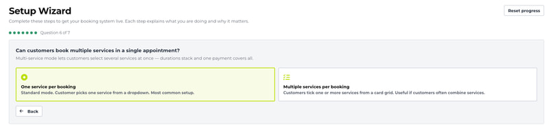 Setup Wizard question 6 of 7, Can customers book multiple services in a single appointment?, with the choices one service or multiple services per booking
