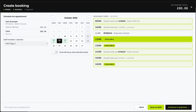Staff creating a booking: choosing a bay and a day, with each time shown as available or already booked