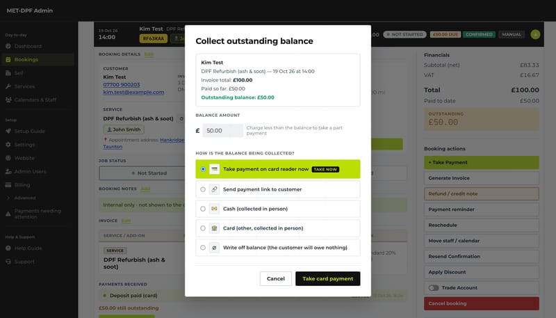 Collecting a £50 balance with Take payment on card reader now selected, beside payment link, cash, card and write-off options