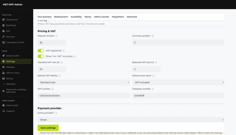 Settings, Money: deposit amount, VAT registered, standard and reduced VAT rates, the default VAT liability and price basis, and the payment provider