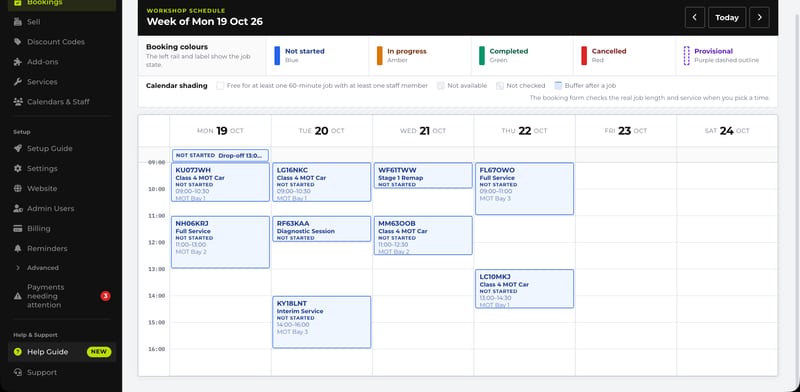 The METBooker week diary for a garage: MOT and service jobs from Monday to Thursday across three MOT bays, each card showing the registration, service, job state, time and bay, with a drop-off at the top of Monday