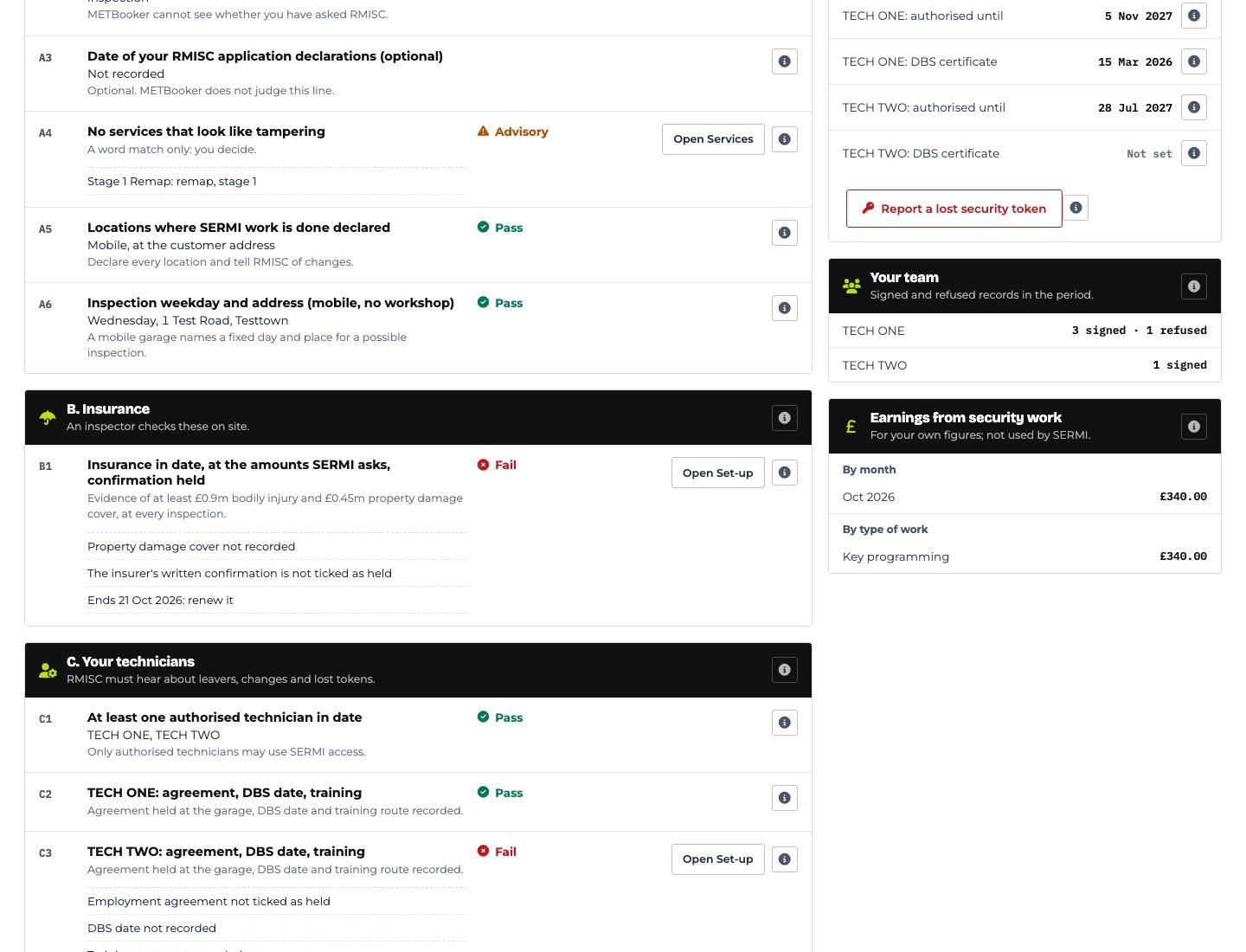 The SERMI Records overview in the METBooker admin console: inspection readiness shown as pass, advisory and fail lines with actions beside each