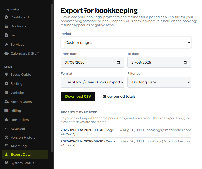 Metbooker export for bookkeeping screen showing a date range, xero and sage format presets, download csv button and a log of recent exports