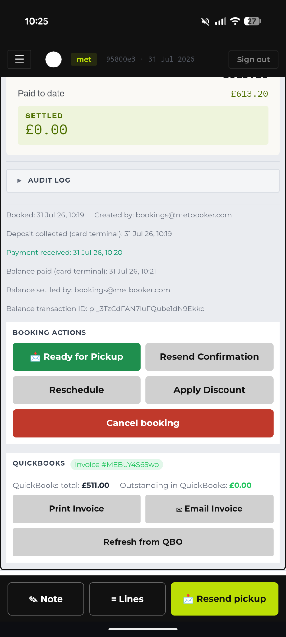 Metbooker take payment screen showing options to take payment on card reader now, send a payment link, collect cash in person, collect card in person, or waive the balance