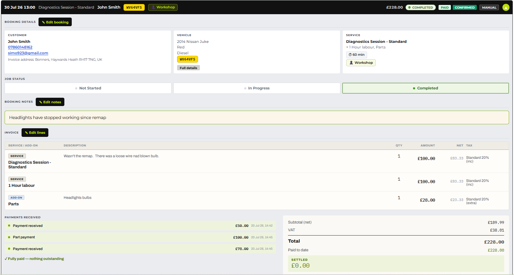Metbooker job record showing customer and vehicle details pulled from vrn lookup, job status, invoice line items, and payments received, all on one screen