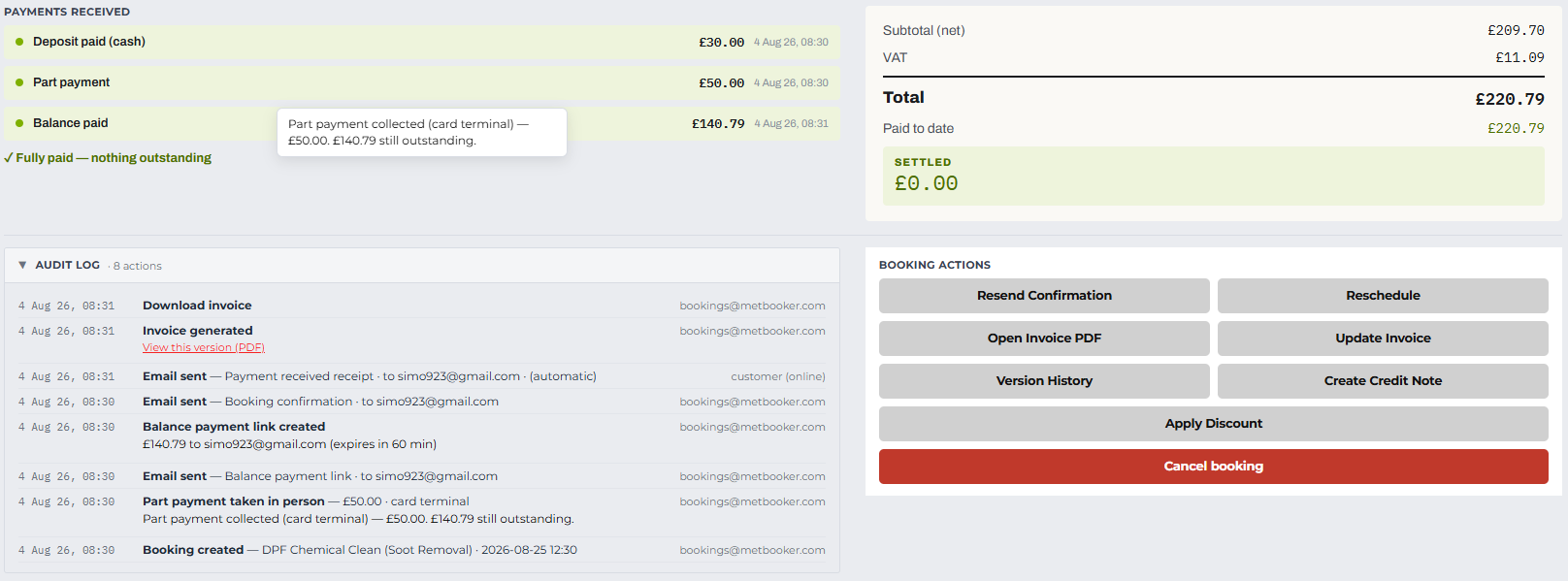Metbooker audit log listing eight timestamped actions for a booking: created, part payment taken, balance link created, emails sent, invoice generated, and invoice downloaded