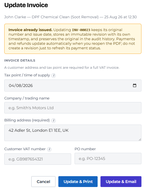 Metbooker money settings screen showing vat registered toggle, standard and reduced vat rates, default vat liability and company number fields
