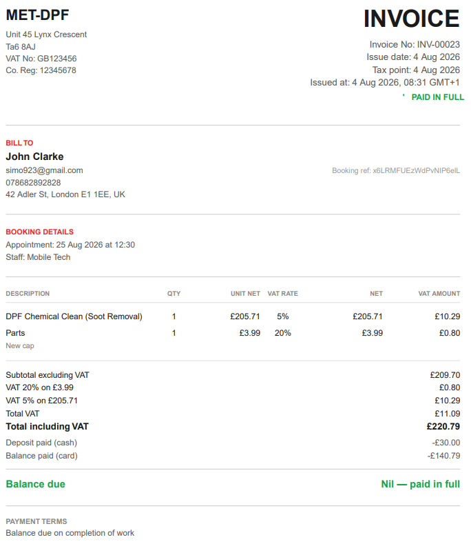 Example metbooker vat invoice showing supplier details, vat number, invoice number, tax point, line items with net/vat/gross and payment status